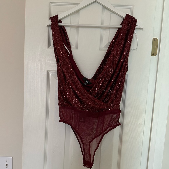 LULUS Evening Of Wonder Burgundy Sequin Cowl Back Bodysuit! - Picture 10 of 10